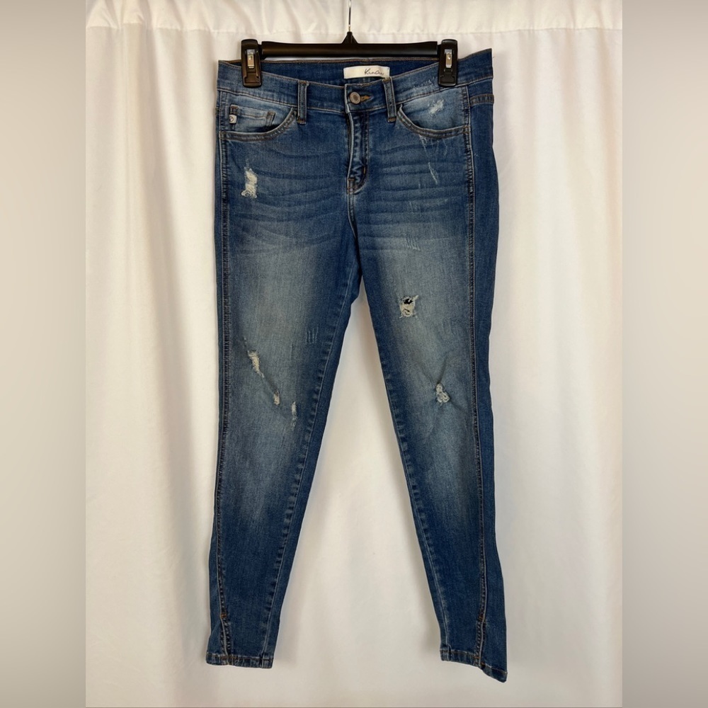 KanCan Distressed Twisted Seam Skinny Blue Jeans